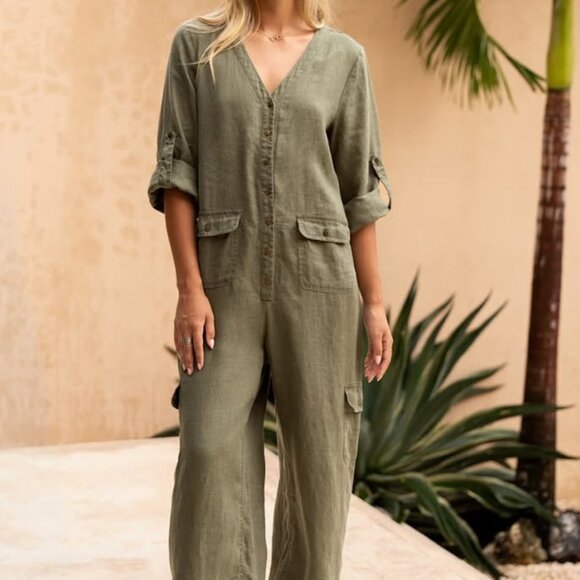 Linen Green Jumpsuit Mara Nomad the Label Size Large - New With Tags Romper - Picture 4 of 4